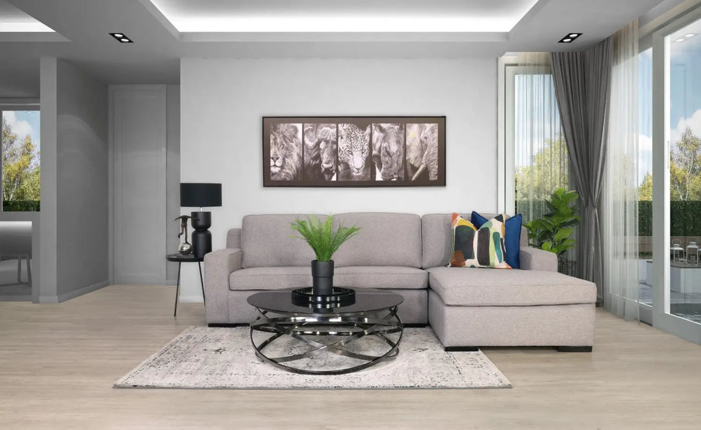 Relax in style with the Rome Fabric 2-seater Chaise Sectional Sofa in Kenya Grey.