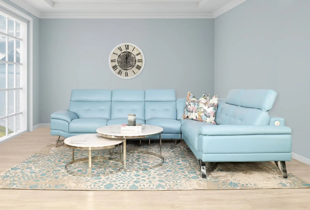 Explore the Manila Leather L-Sectional—sophisticated design with built-in USB & Type-C ports for added convenience.