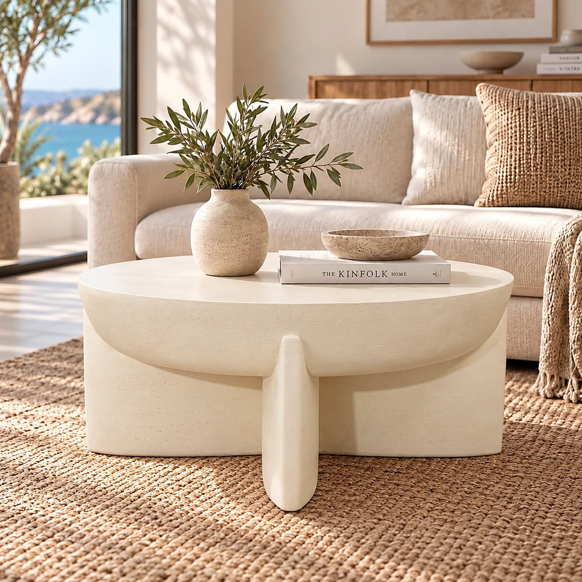 Gallery Everyday Lille Coffee Table in Pale Parchment, featuring a round concrete top and sculptural pedestal base in a bright modern living room.