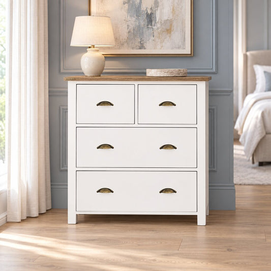 Front view of The Louvre Chest of Drawers in Antique Natural Oak, showcasing its elegant design and spacious storage compartments.