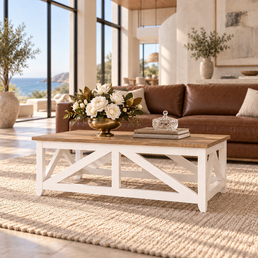 Front view of the Louvre Coffee Table, showcasing its Oakwood tabletop and white base with rustic natural grain detailing