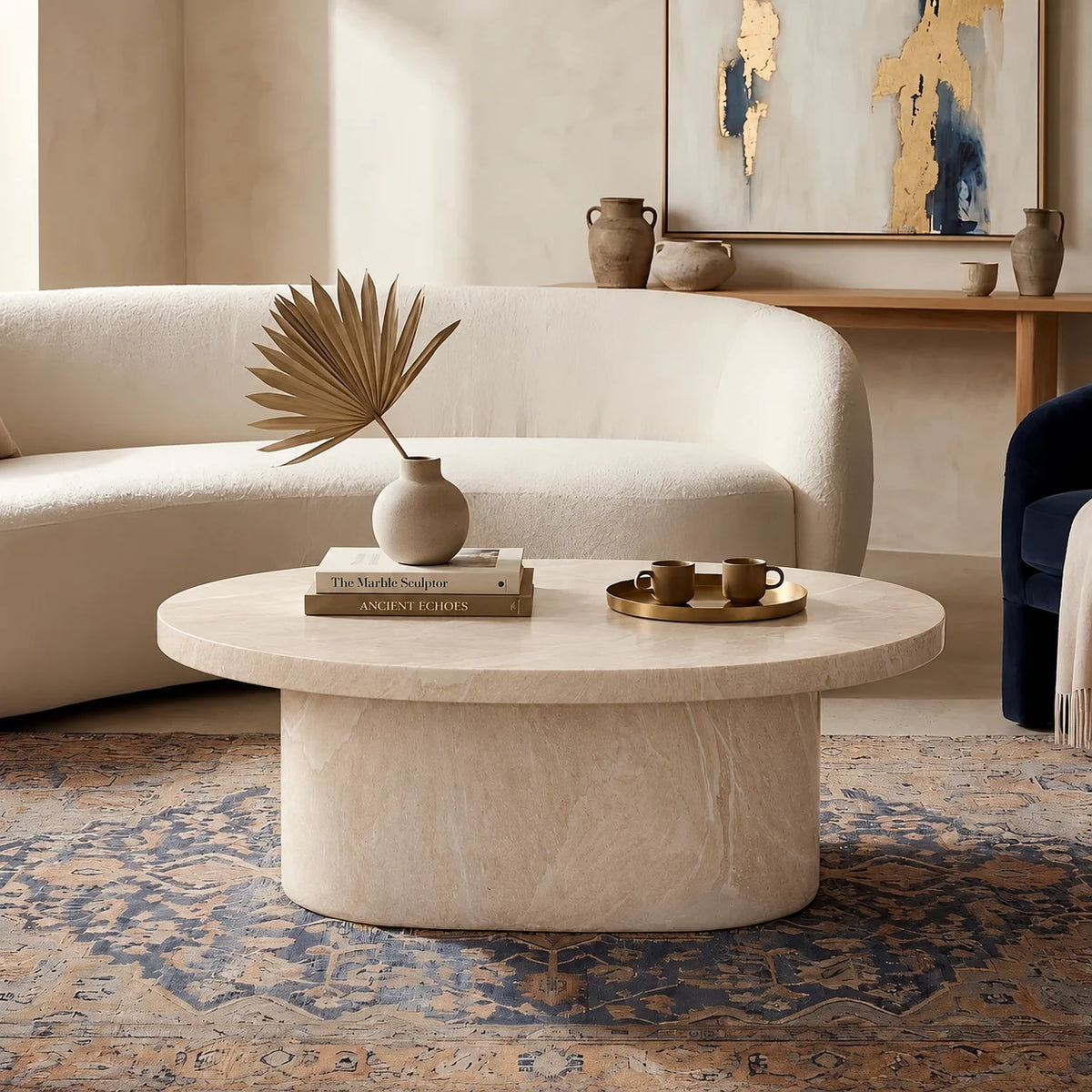 Gallery Everyday Maison Coffee Table in Lunar Quartz, featuring a round marble-look top styled in a modern living room.