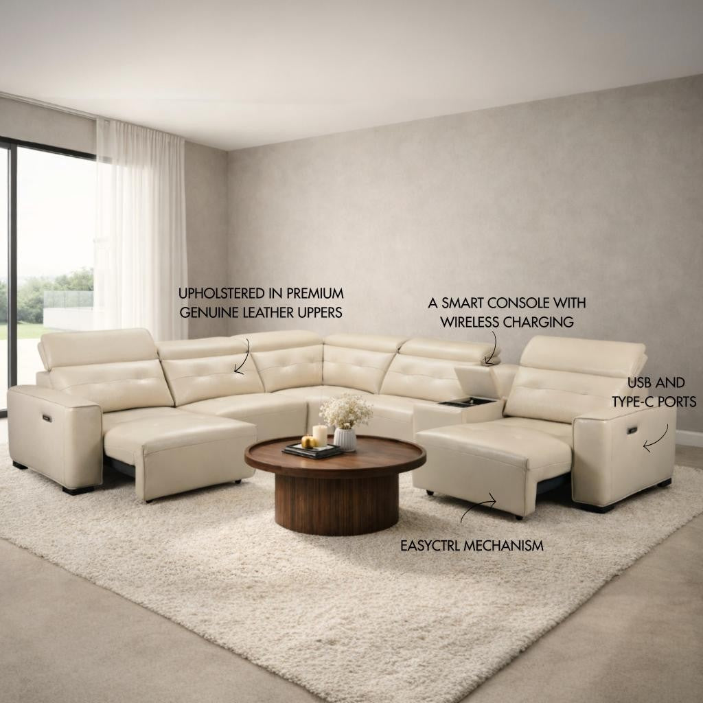 Explore the comfort and sophistication of Leather Gallery's Marbella Leather L-Sectional Sofa, with two motion beds, a console with cupholders and USB ports.  Cream Beige 