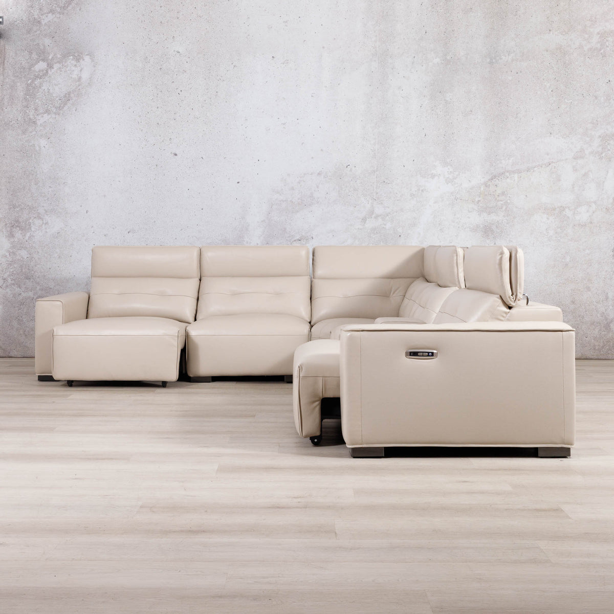 Leather Gallery Marbella 5 Seater Leather L Shape Couch in Cream Beige, featuring a left-facing chaise and power reclining seat.