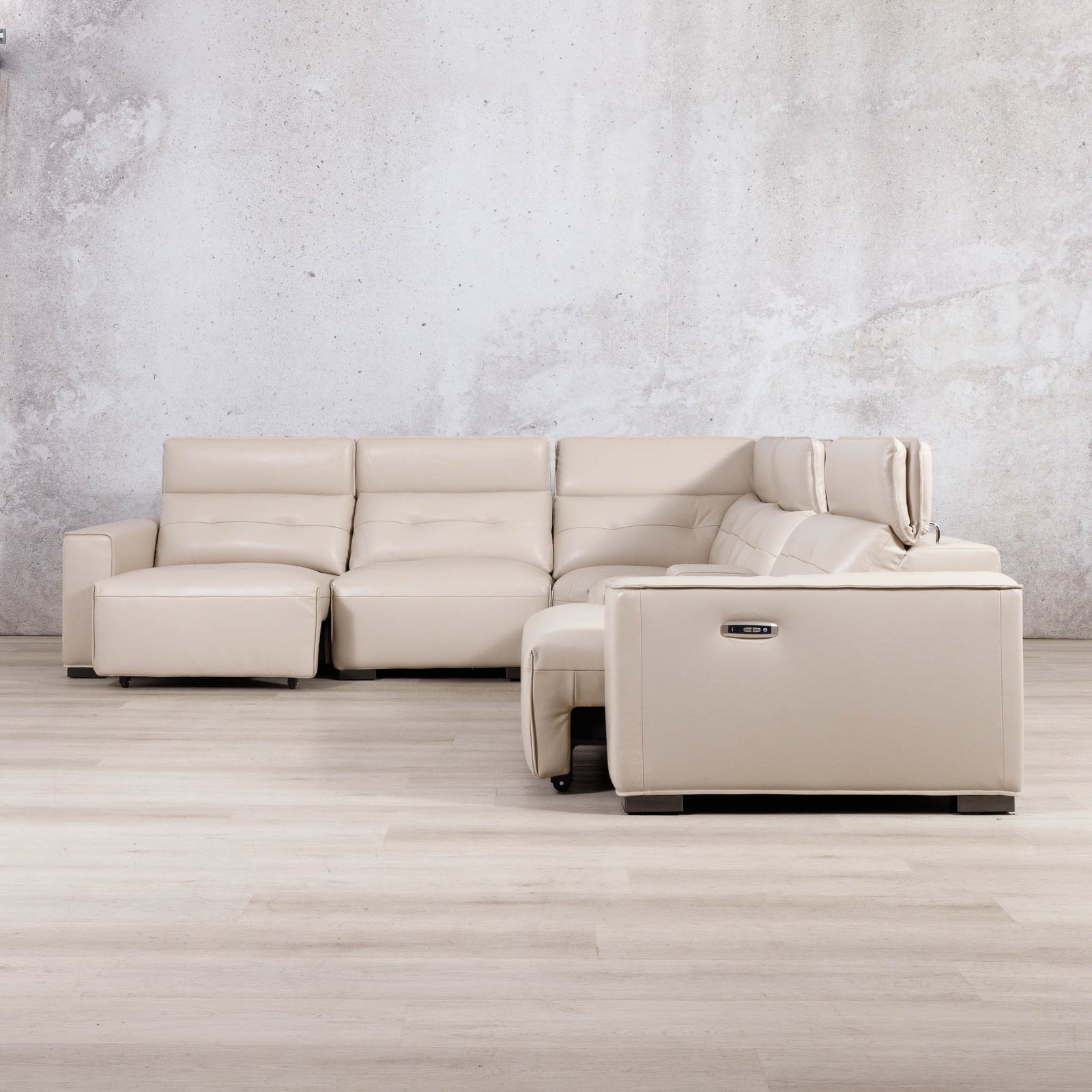 Leather Gallery Marbella 5 Seater Leather L Shape Couch in Cream Beige, featuring a left-facing chaise and power reclining seat.