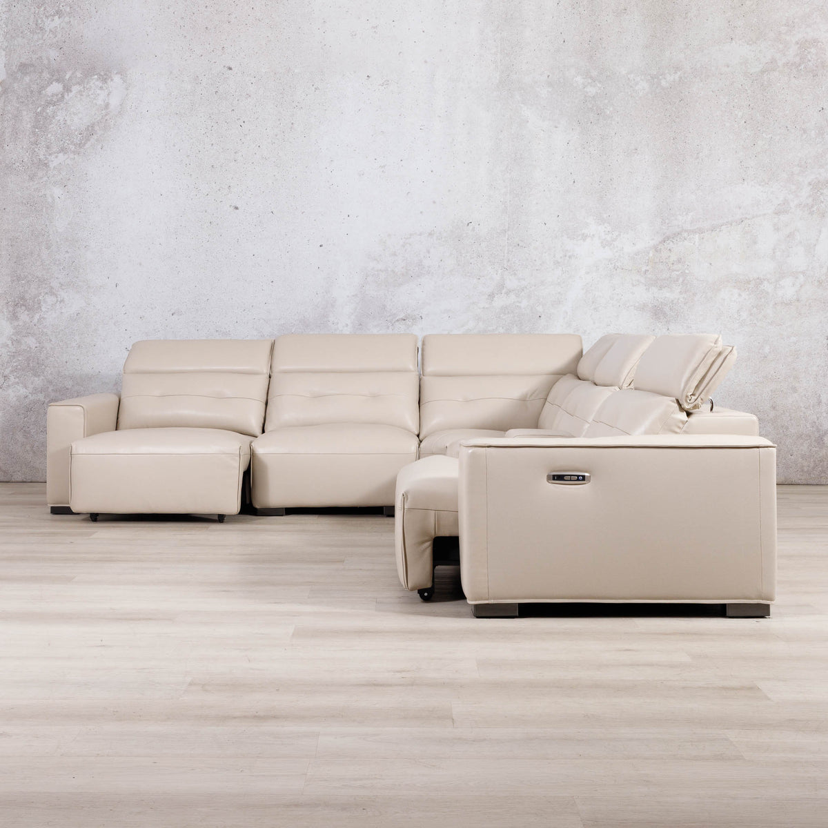 Leather Gallery Marbella 5 Seater Leather L Shape Couch in Cream Beige, featuring a chaise lounge and matching reclining ottoman.