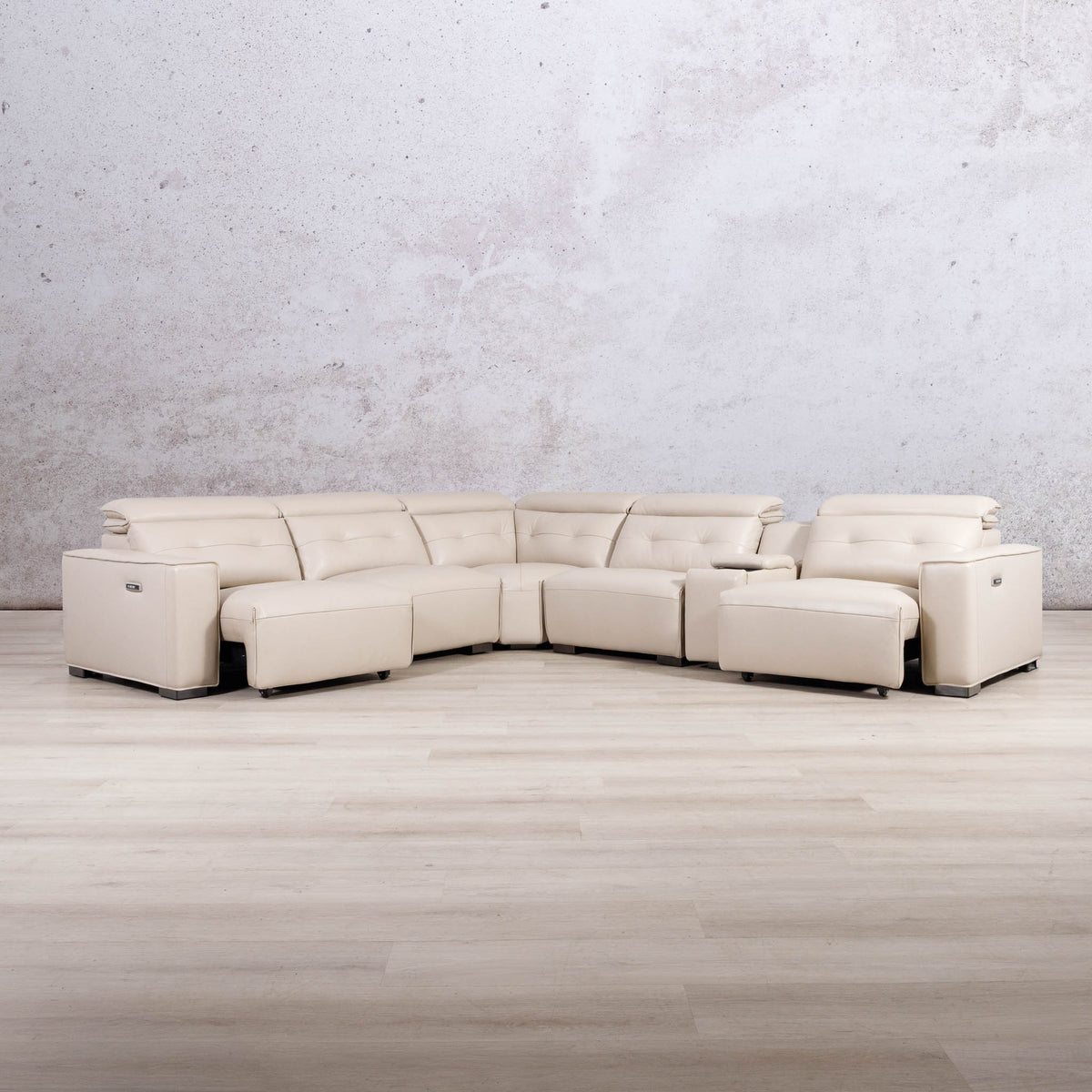 Leather Gallery Marbella 5 Seater Leather L Shape Couch in Cream Beige, featuring a modern sectional design and smooth leather upholstery.