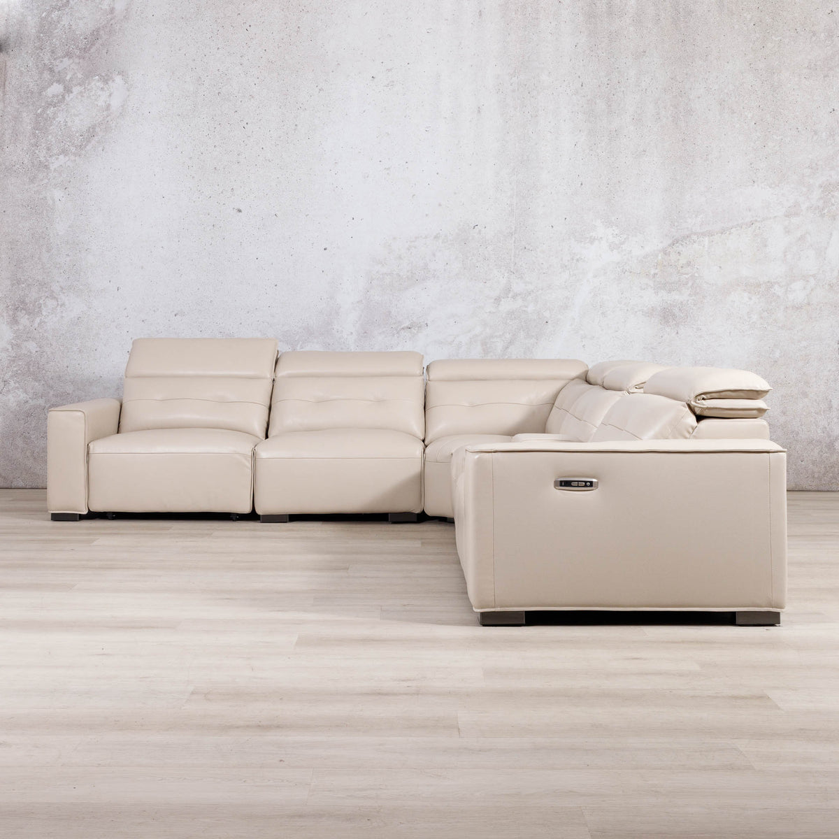 Leather Gallery Marbella 5 Seater Leather L Shape Couch in Cream Beige, featuring a left-facing chaise and smooth leather upholstery.