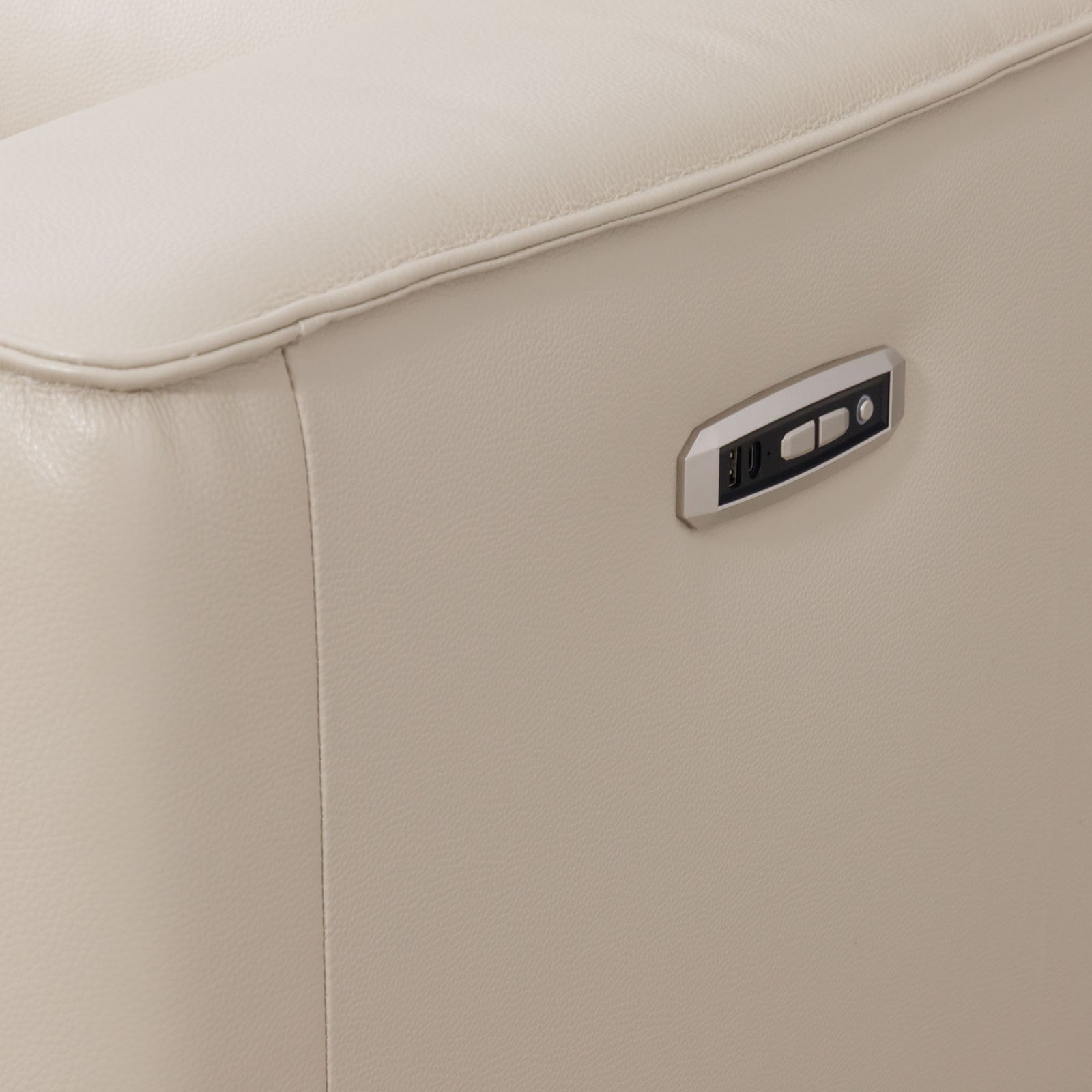 Close-up of the Leather Gallery Marbella 5 Seater Leather L Shape Couch in Cream Beige, showing controls with USB and USB-C charging ports.
