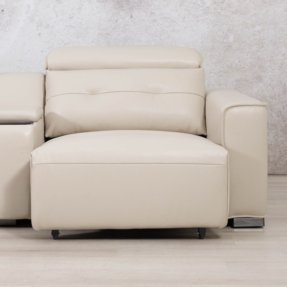 Front view of the Leather Gallery Marbella 5 Seater Leather L Shape Couch in Cream Beige, showing tufted back cushions and a large leather seat cushion.