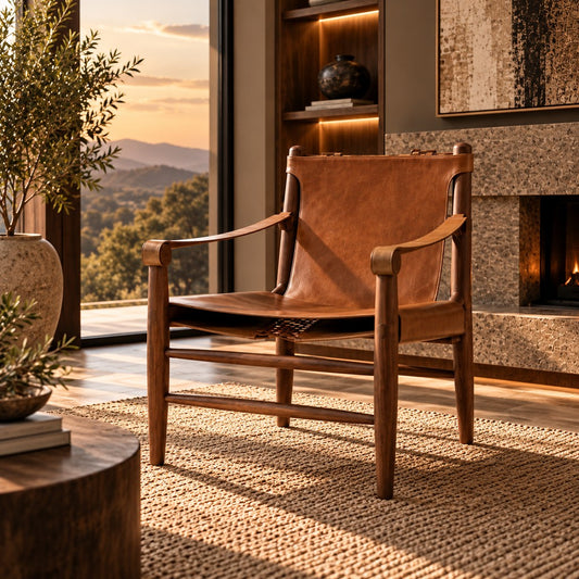 Stattera Marcellus Leather Chair in Saddle Brown, featuring a natural wood frame with a tan leather sling seat and backrest.