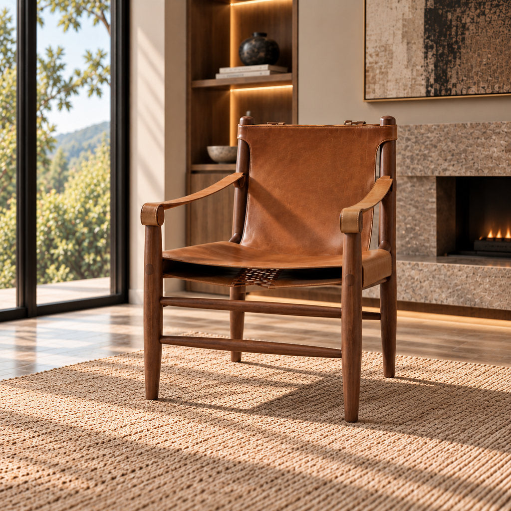 Stattera Marcellus Leather Chair in Saddle Brown, featuring a natural wood frame with a tan leather sling seat and backrest.