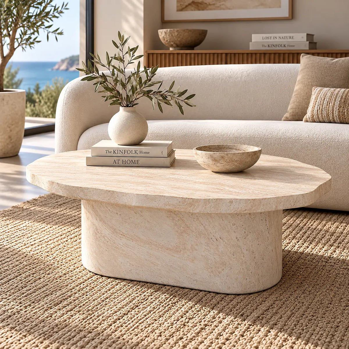 Gallery Everyday Marea Coffee Table in Seashell, featuring a round stone design with a warm beige travertine-look finish.
