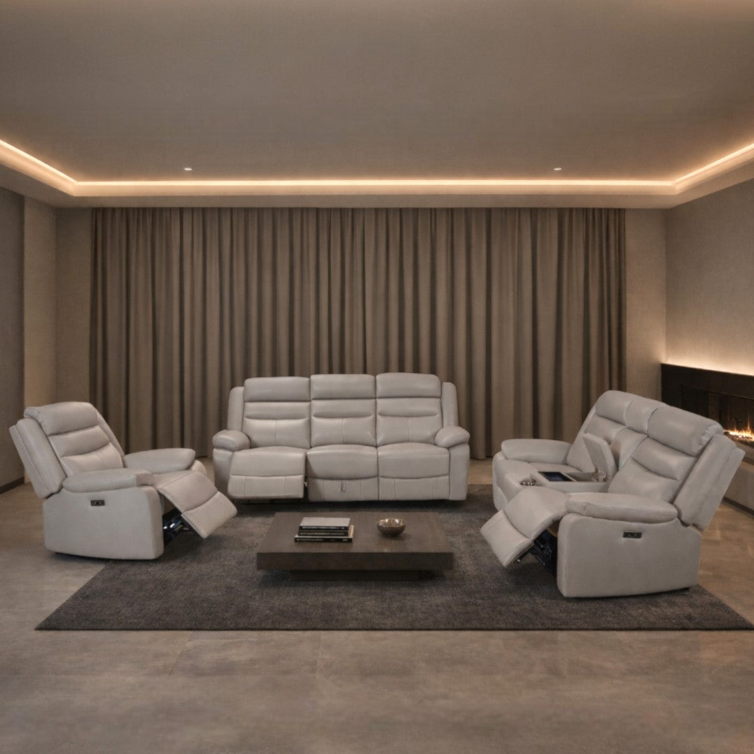 A modern living room scene featuring a coordinated Marino Leather recliner couch set in Luxe Grey. | Home theatre recliners, recliner couches, recliner
