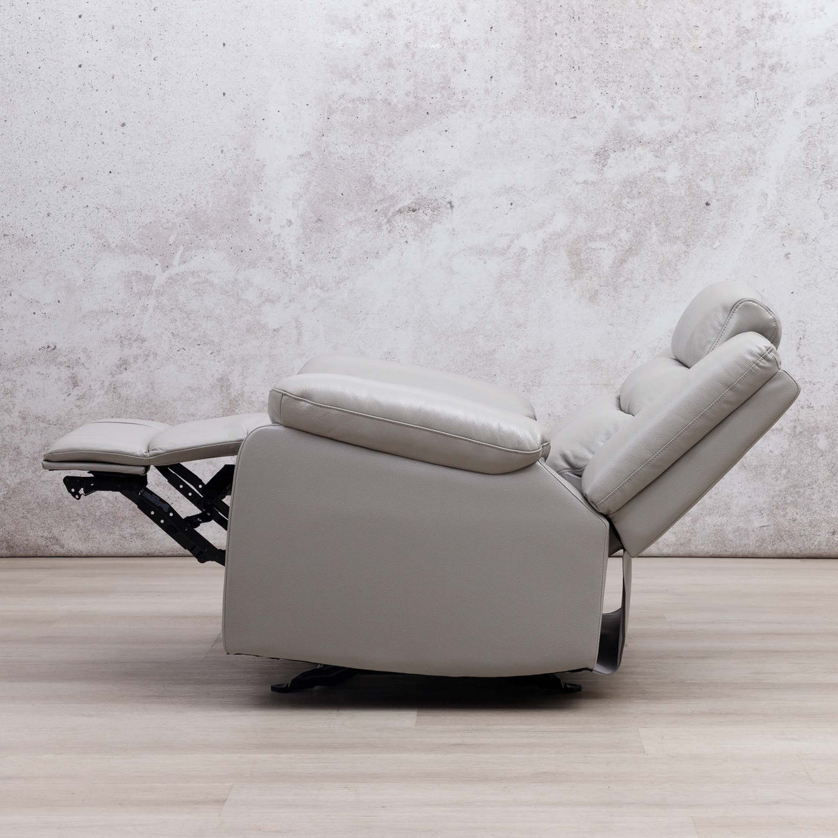 Side view of the Leather Gallery Marino 1 Seater Leather Recliner in Luxe Grey, shown with the footrest extended.
