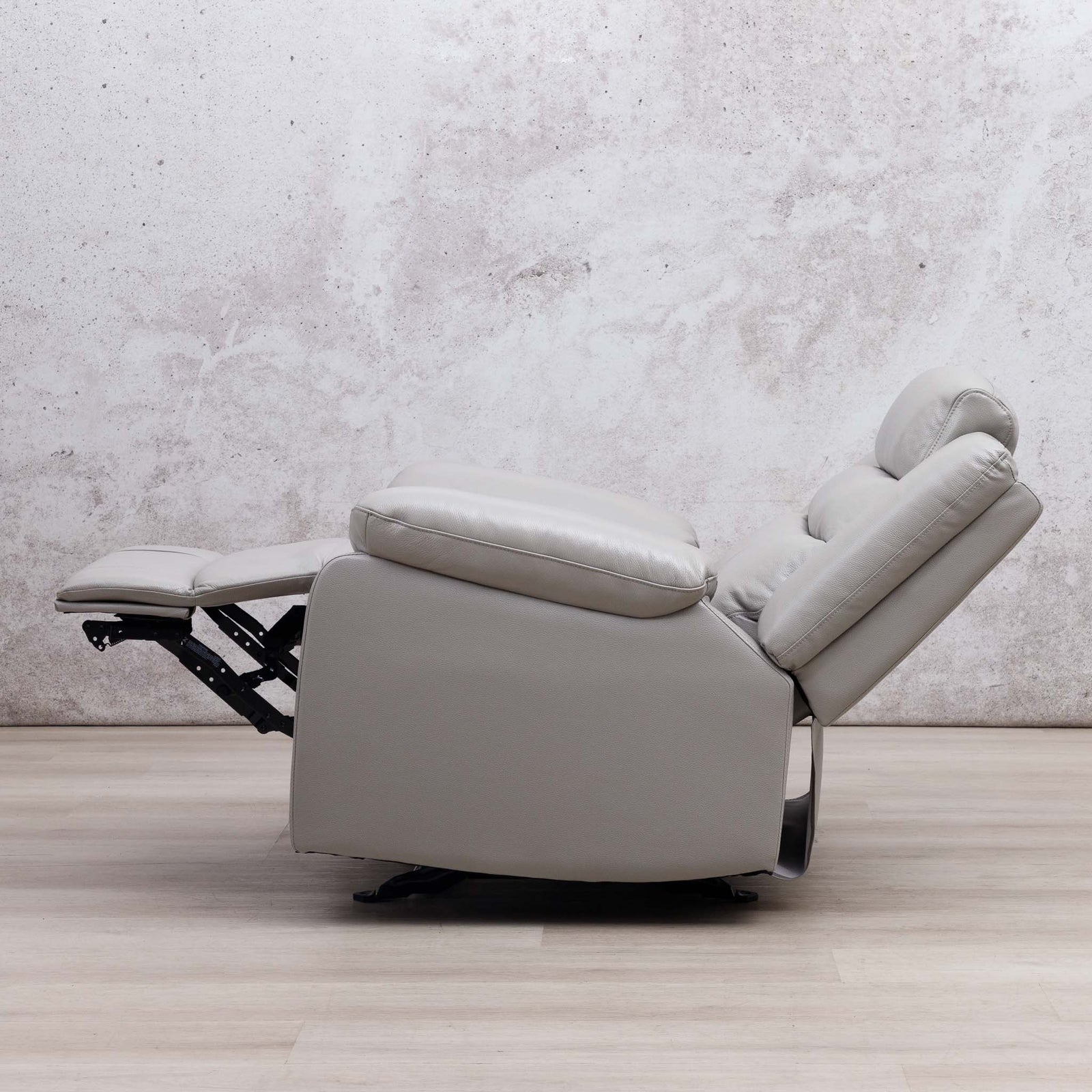 Side view of the Leather Gallery Marino 1 Seater Leather Recliner in Luxe Grey, shown with the footrest extended.