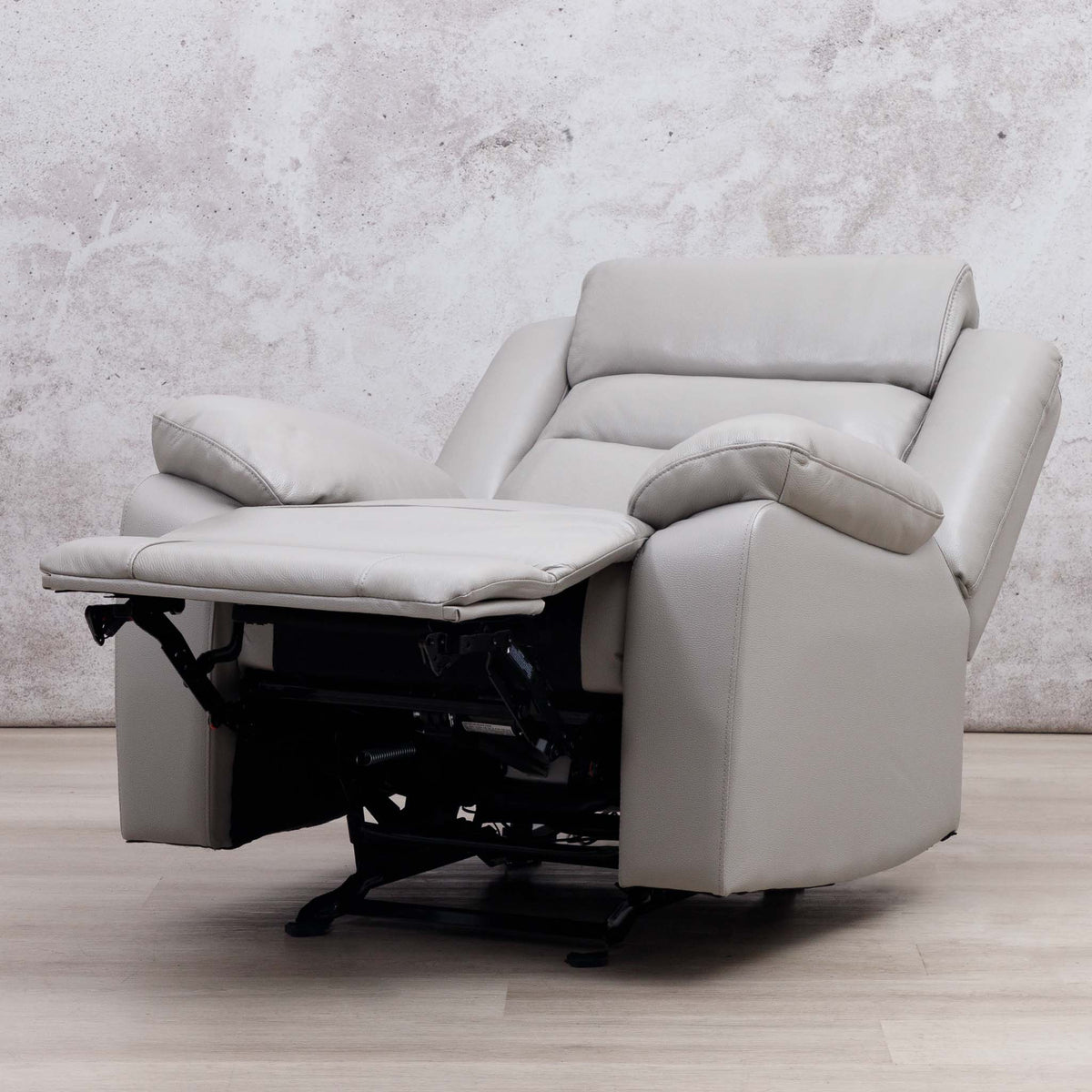Leather Gallery Marino 1 Seater Leather Recliner in Luxe Grey, shown in a fully reclined position.