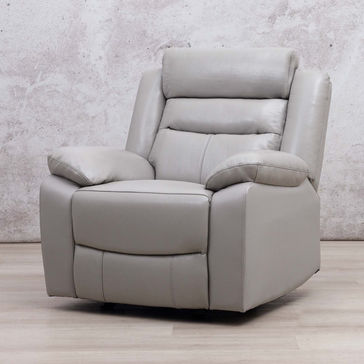 Leather Gallery Marino 1 Seater Leather Recliner in Luxe Grey, featuring a padded headrest, armrests, and cushioned seat.