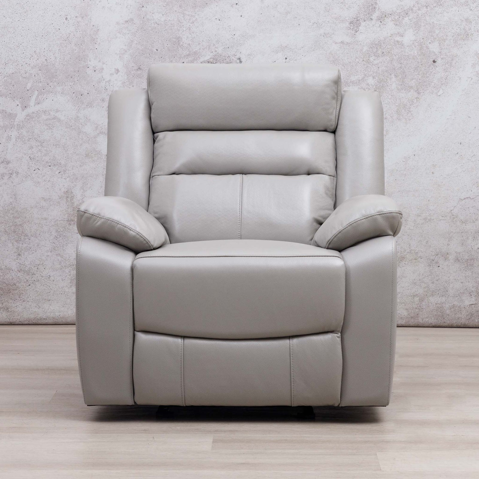 Leather Gallery Marino 1 Seater Leather Recliner in Luxe Grey, featuring padded armrests and a segmented backrest.