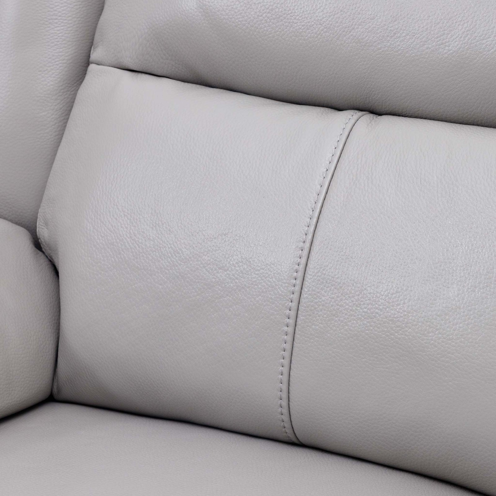 Close-up of the Leather Gallery Marino 1 Seater Leather Recliner in Luxe Grey, showing the cushioned leather surface, visible stitching, and pebbled texture.