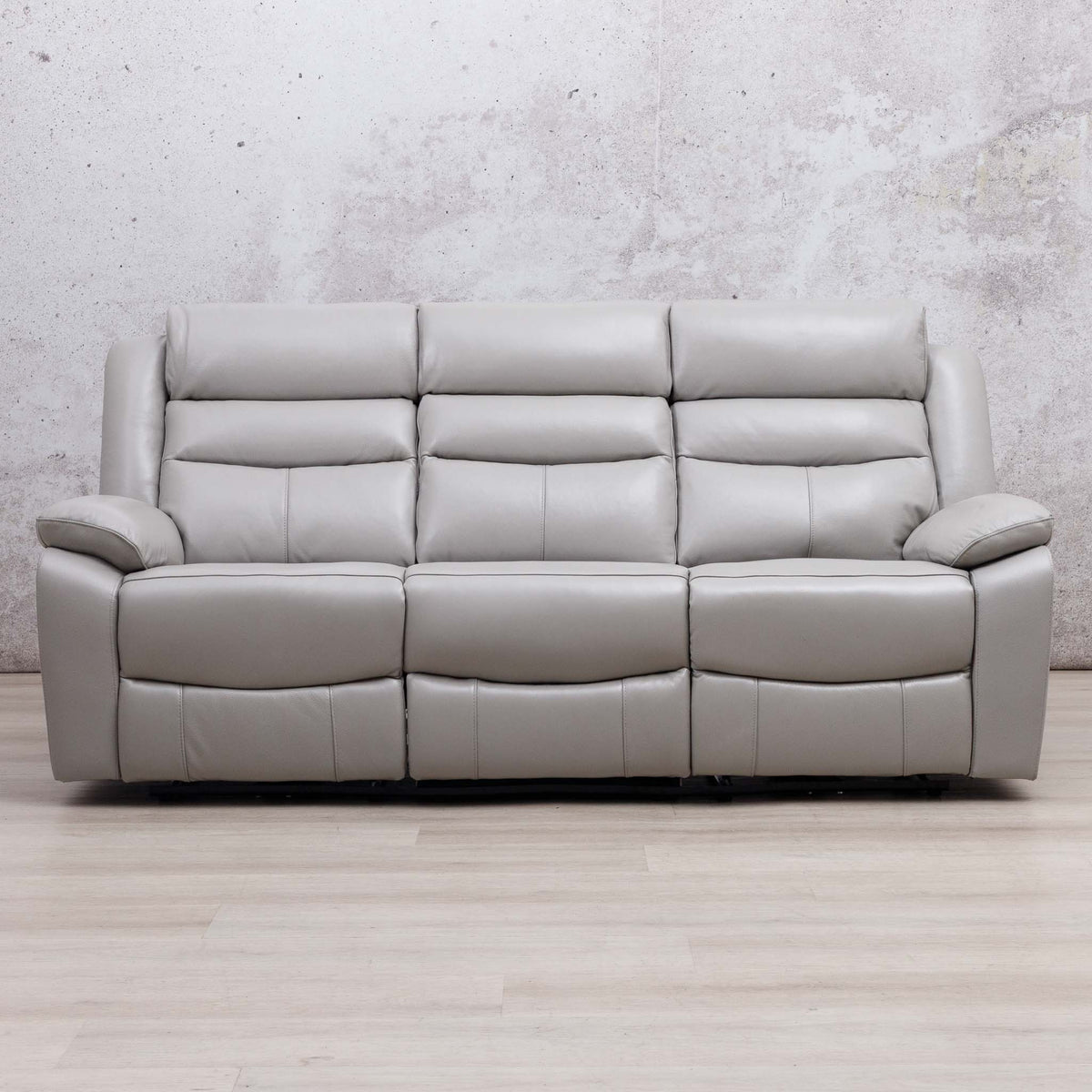 Leather Gallery Marino 3 Seater Leather Recliner in Luxe Grey, featuring padded backrests, armrests and reclining seats.
