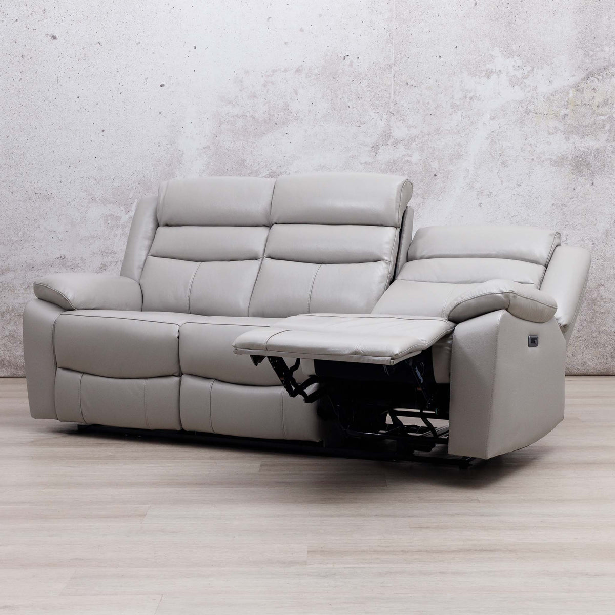 Leather Gallery Marino 3 Seater Leather Recliner in Luxe Grey, shown partially reclined with the centre footrest extended.