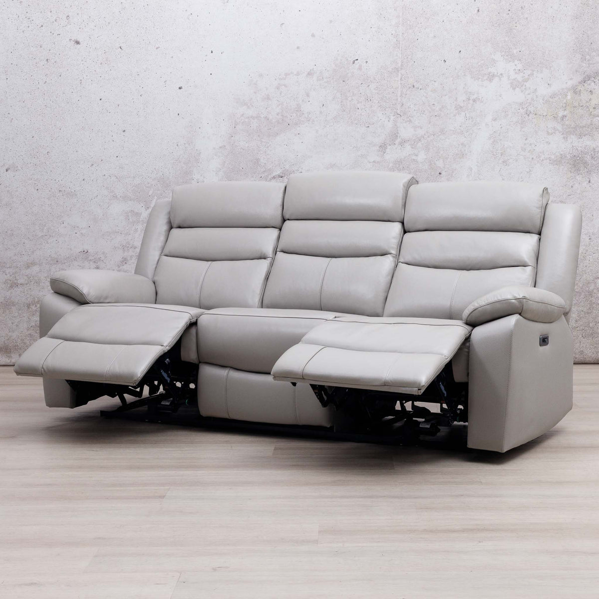 Leather Gallery Marino 3 Seater Leather Recliner in Luxe Grey, shown with two footrests extended.