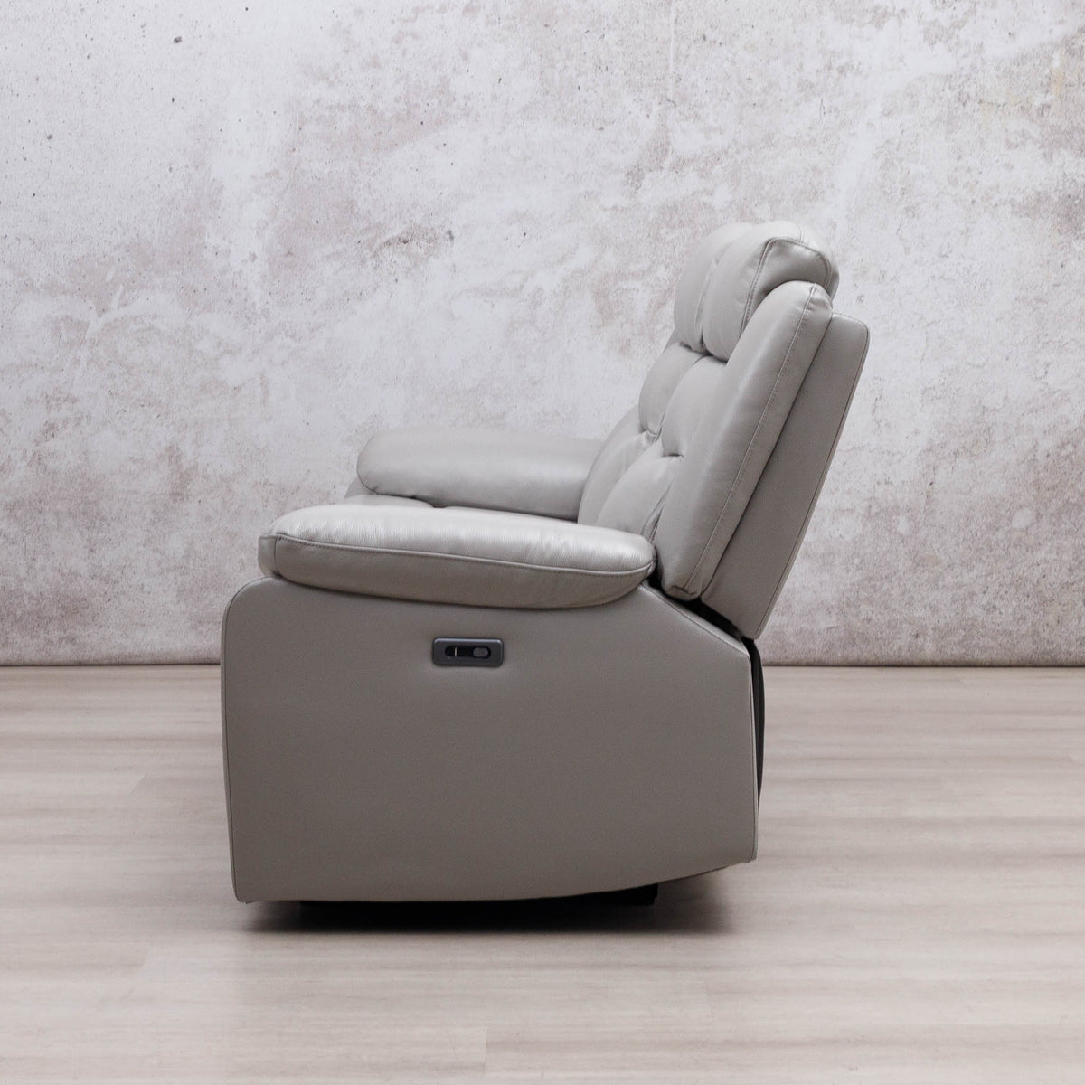 Side view of the Leather Gallery Marino 3 Seater Leather Recliner in Luxe Grey, showing its upholstered recliner profile.