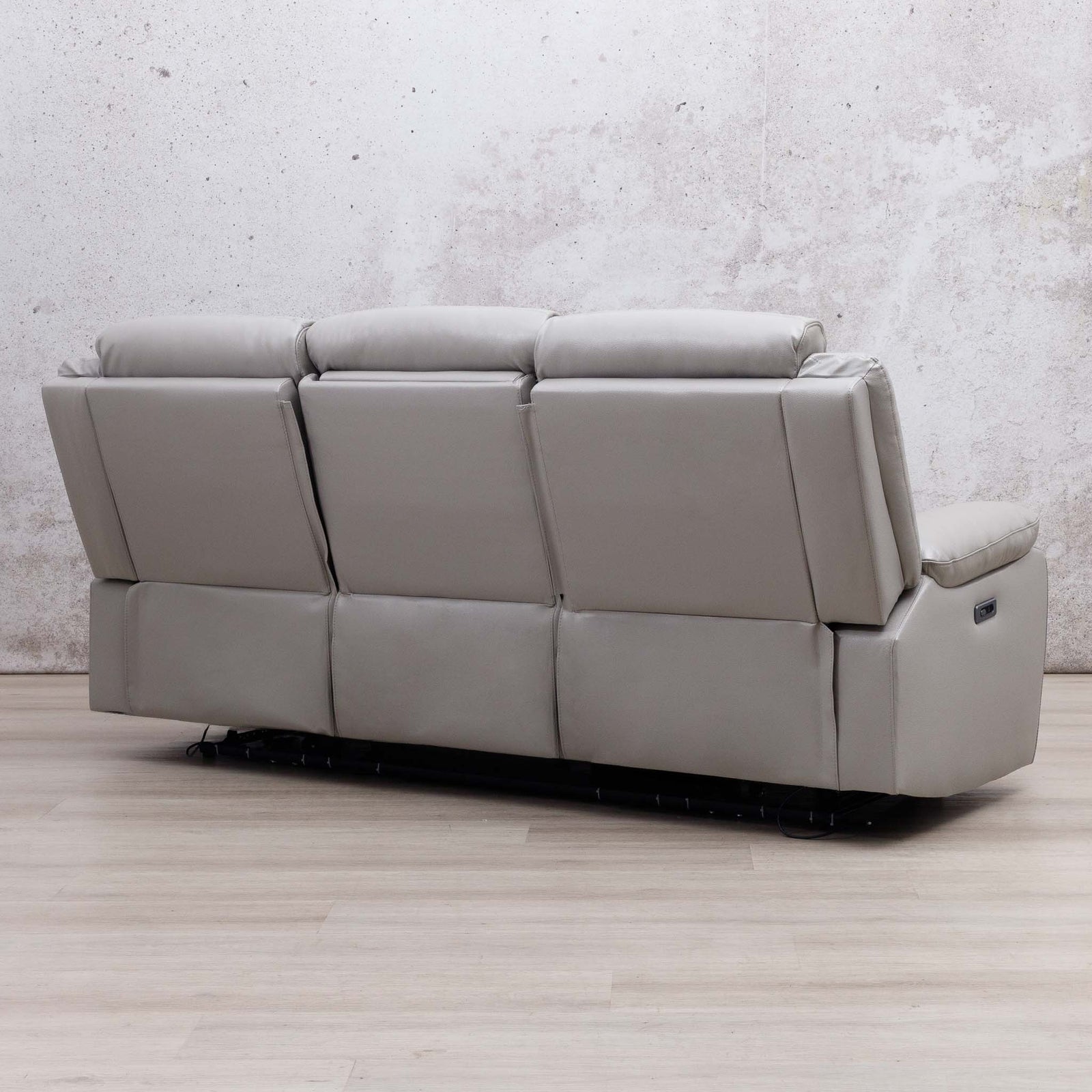 Rear view of the Leather Gallery Marino 3 Seater Leather Recliner in Luxe Grey, showing its leather upholstery and reclining design.