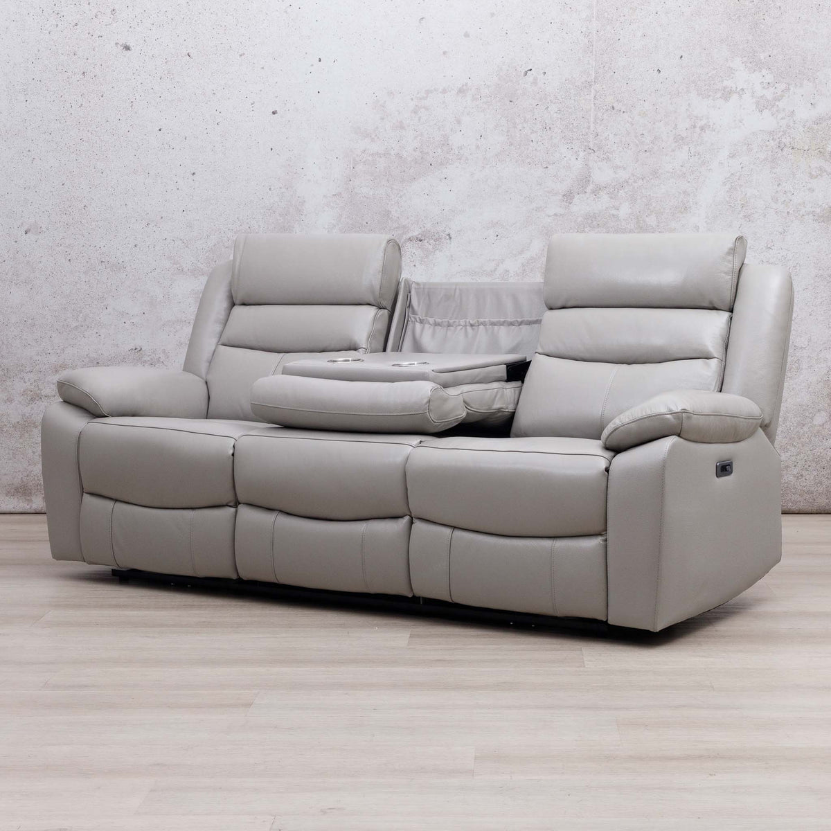Leather Gallery Marino 3 Seater Leather Recliner in Luxe Grey, featuring a centre console and plush leather seating.