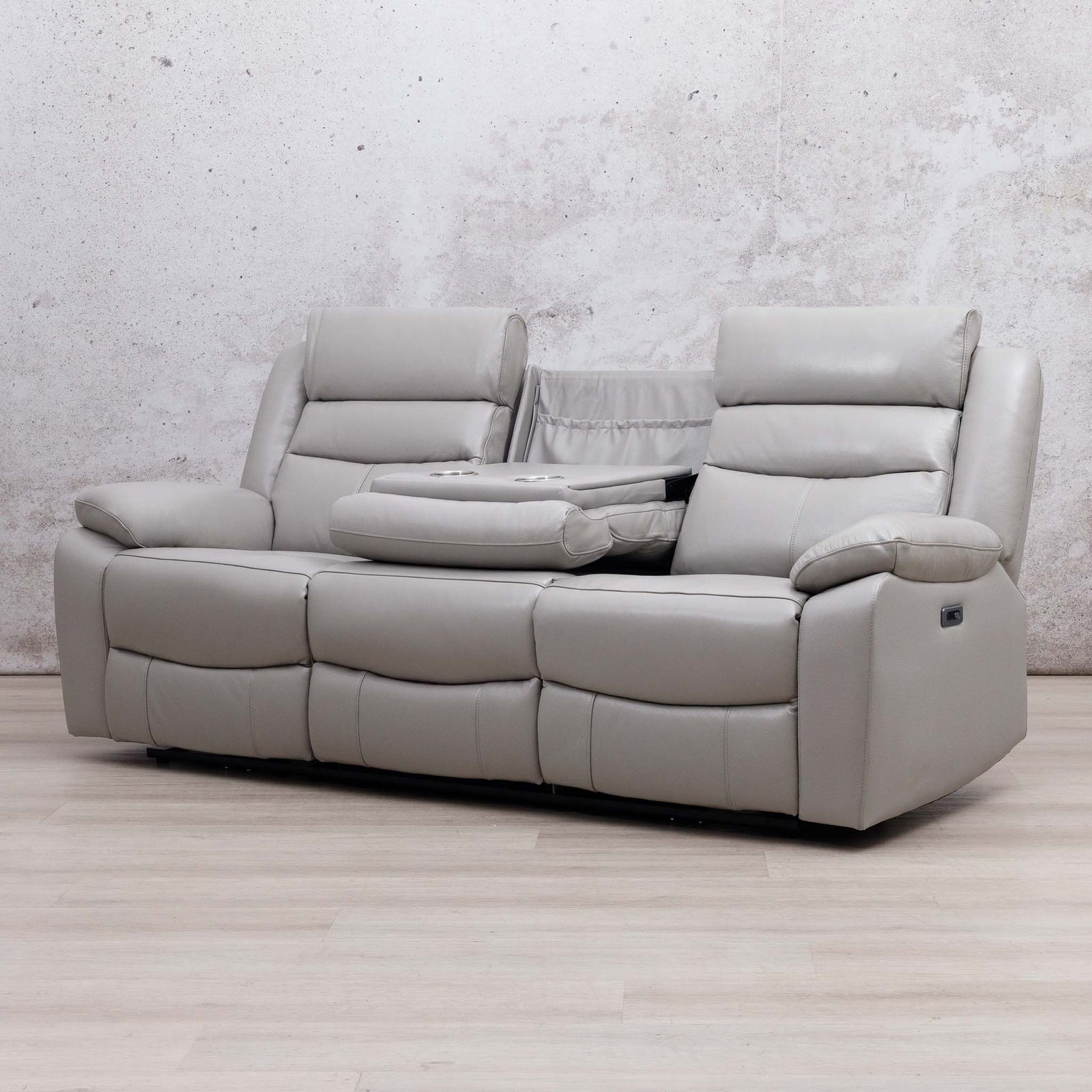 Leather Gallery Marino 3 Seater Leather Recliner in Luxe Grey, featuring a centre console and plush leather seating.