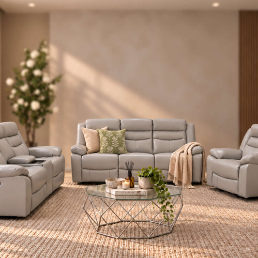 A modern living room scene featuring a coordinated Marino Leather recliner couch set in Luxe Grey. | Home theatre recliners, recliner couches, recliner