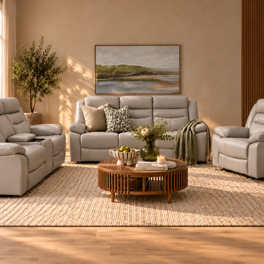 A modern living room scene featuring a coordinated Marino Leather recliner couch set in Luxe Grey. | Home theatre recliners, recliner couches, recliner