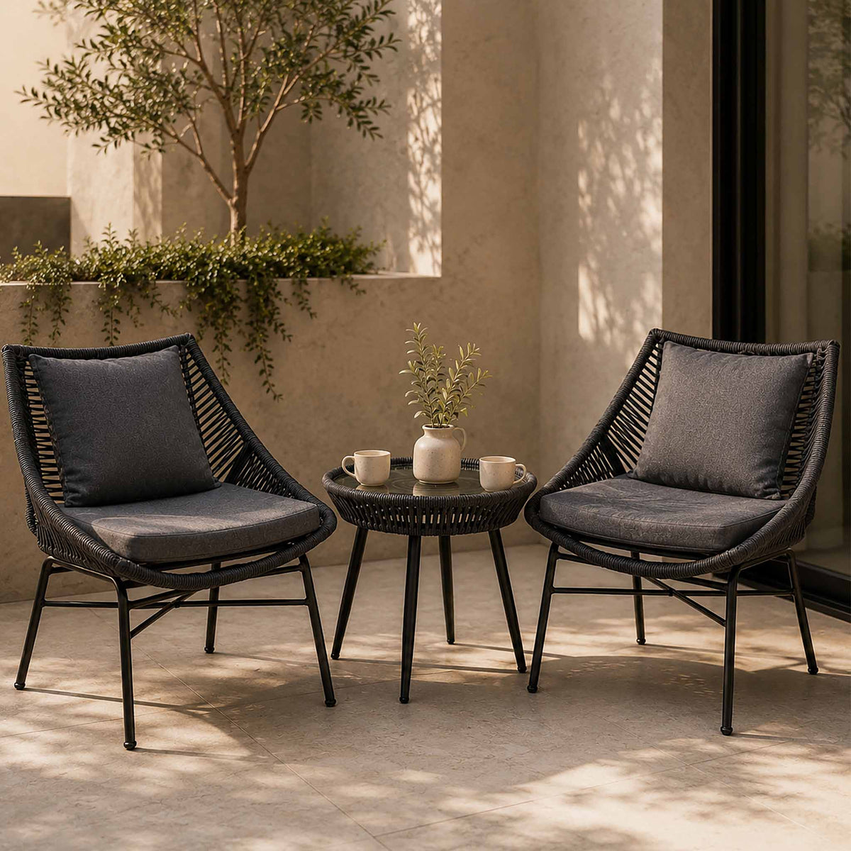 Solara Patio Chairs and Table, Set of 3 – Black, shown in a modern, minimalist patio space. | Patio chairs and table, patio lounge set, patio furniture, patio chairs, outdoor chairs, outdoor chairs 
