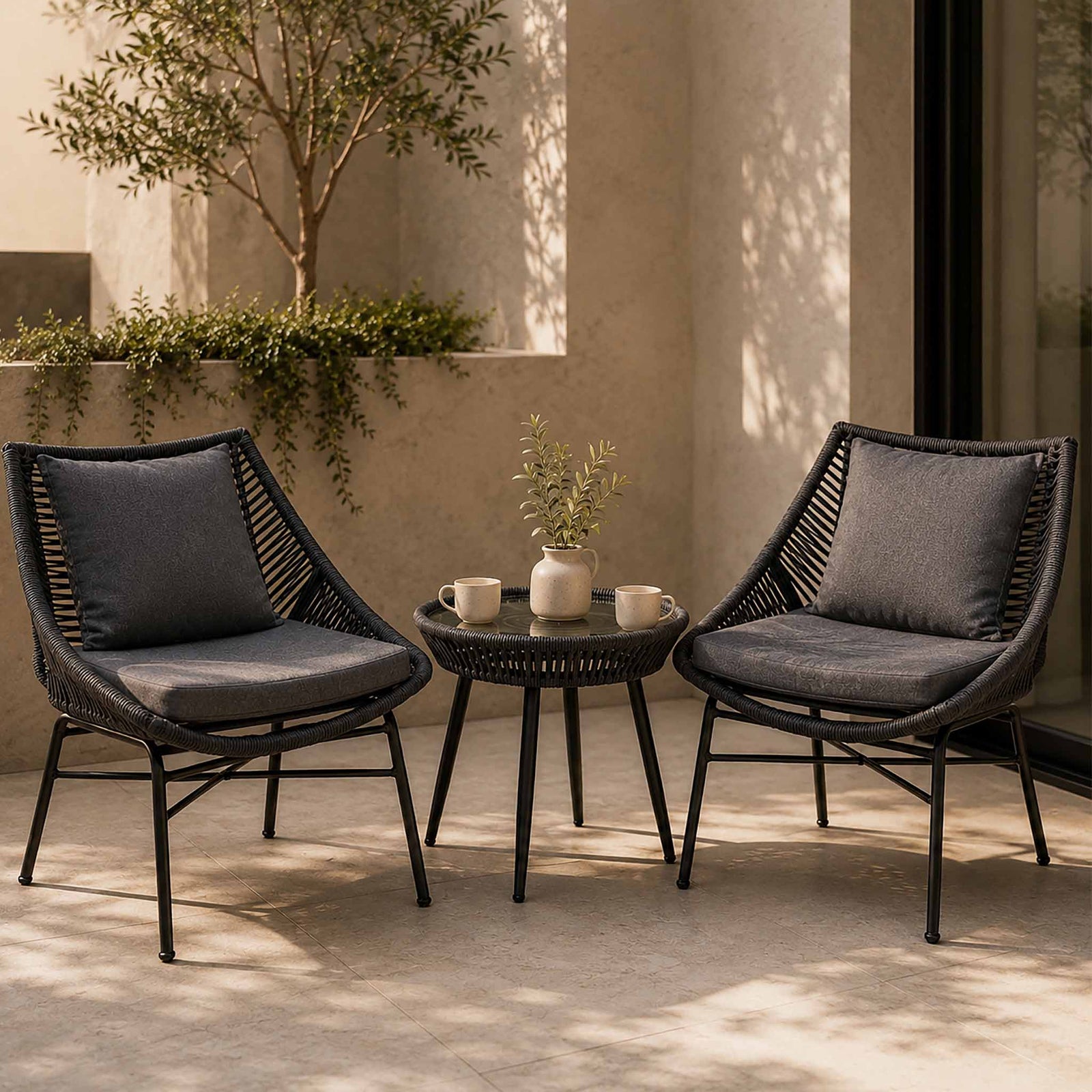 Solara Patio Chairs and Table, Set of 3 – Black, shown in a modern, minimalist patio space. | Patio chairs and table, patio lounge set, patio furniture, patio chairs, outdoor chairs, outdoor chairs 