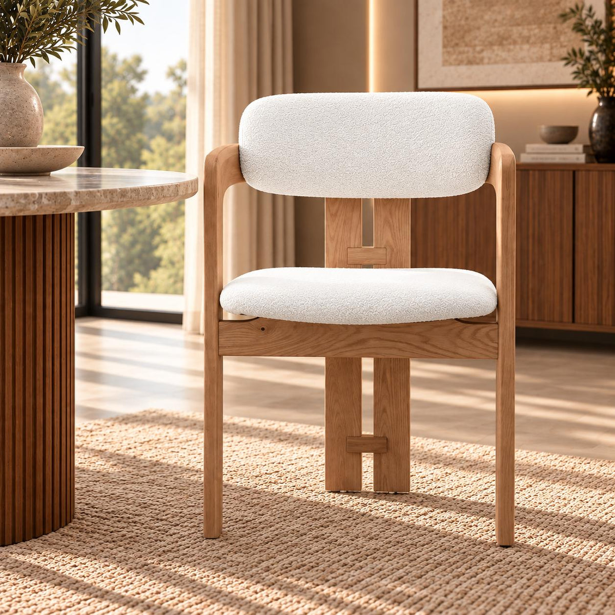 Marlon dining chair with natural wood frame and cream linen cushions, front view. | dining chairs, wood dining chairs, modern dining chair, dining chair for round table