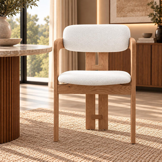 Marlon dining chair with natural wood frame and cream linen cushions, front view. | dining chairs, wood dining chairs, modern dining chair, dining chair for round table
