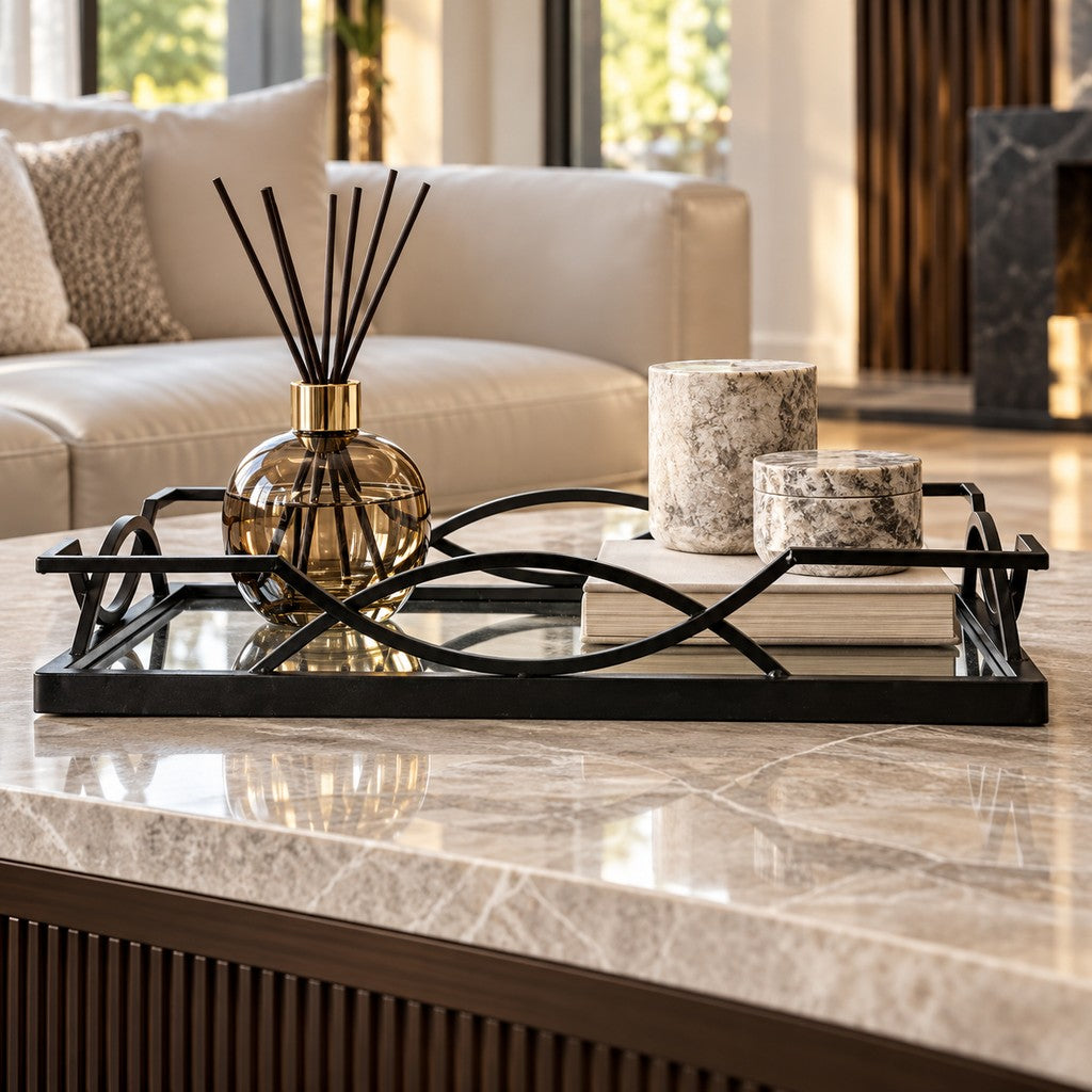 Leather Gallery Metro Metal Tray in Black, featuring a rectangular open-frame design with curved geometric wire detailing.
