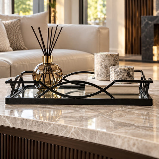 Leather Gallery Metro Metal Tray in Black, featuring a rectangular open-frame design with curved geometric wire detailing.