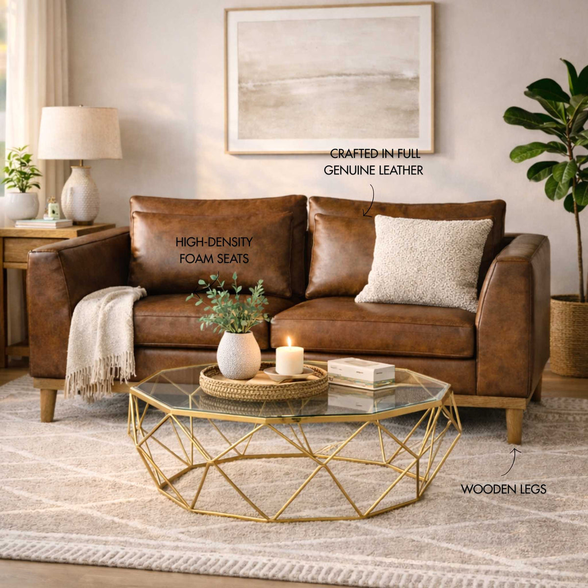 Leather Gallery Modena 2 Seater Leather Couch in Czar Pecan, featuring rich brown leather upholstery in a modern living room.