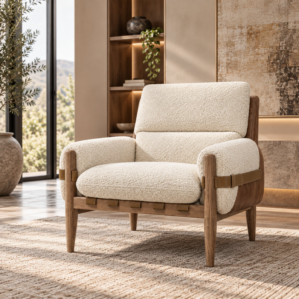 Stattera Nara Armchair in Cloud White, featuring soft bouclé upholstery and a warm medium-brown wooden frame.