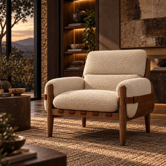 Stattera Nara Armchair in Cloud White, featuring soft bouclé upholstery and a warm medium-brown wooden frame.