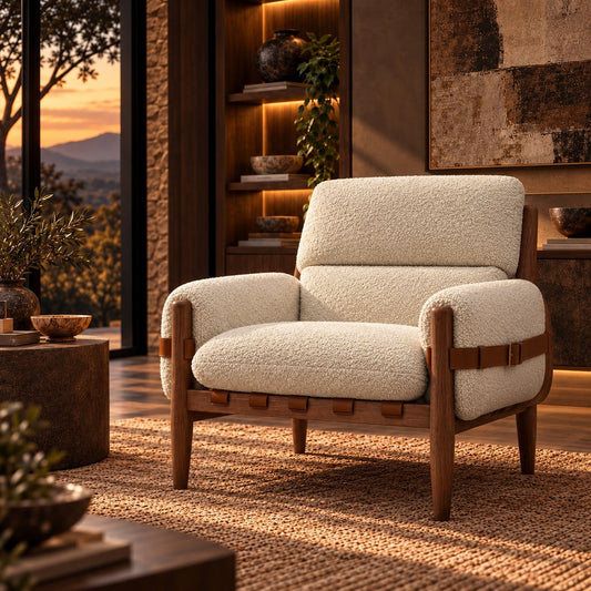 Stattera Nara Armchair in Cloud White, featuring soft bouclé upholstery and a warm medium-brown wooden frame.