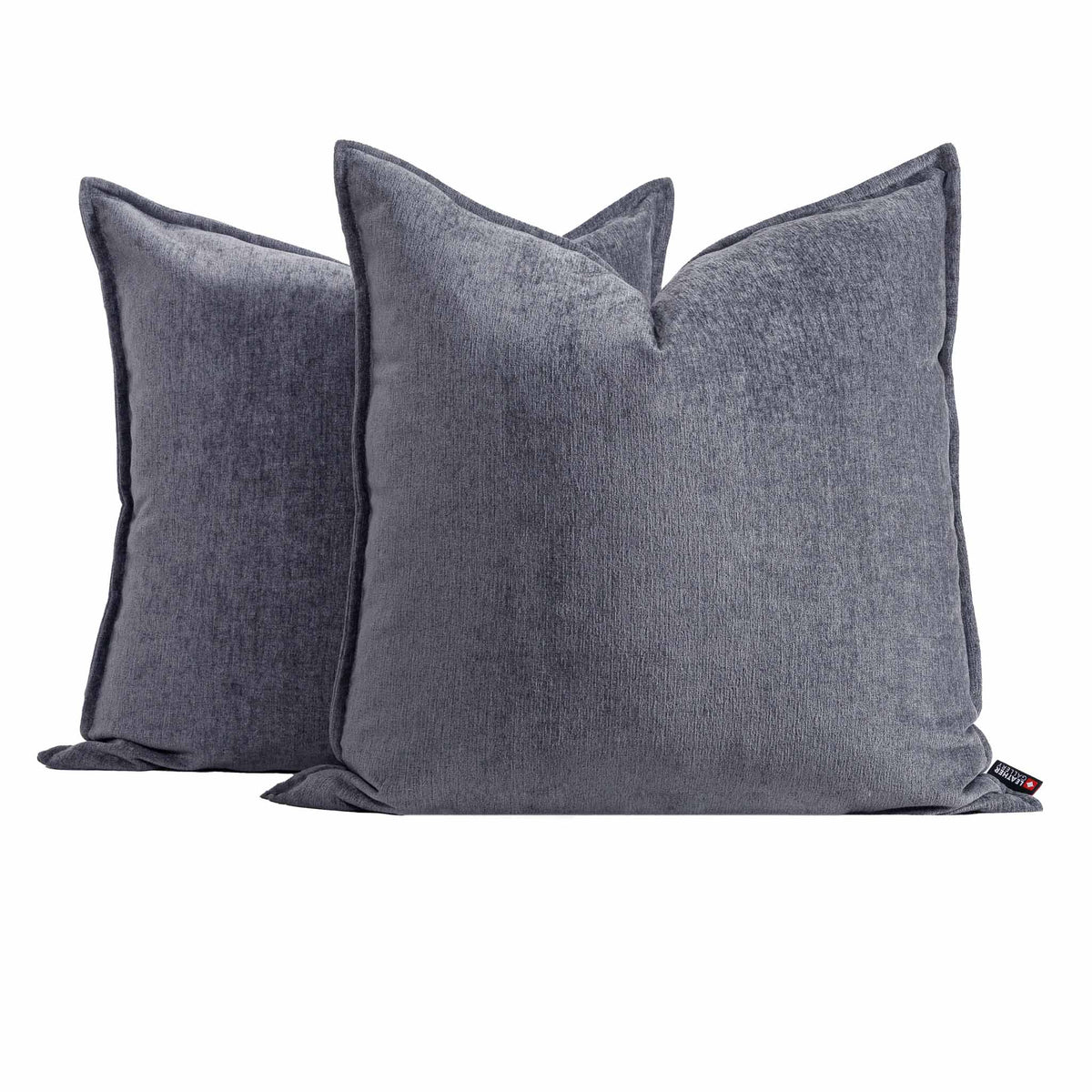 Two Leather Gallery Obelisk Cushions in Shadow Grey, featuring textured grey fabric on a white background.