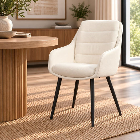 Octavia fabric dining chair in ivory linen with black tapered legs, front view. | Leather Gallery Dining Chairs, modern dining chairs, fabric dining chairs 
