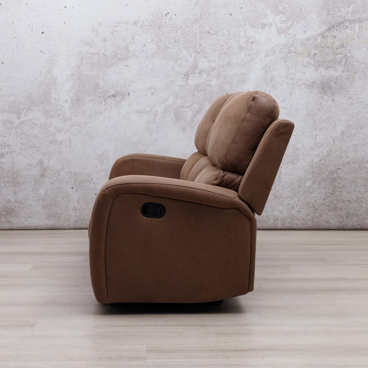 Side view of the Leather Gallery Orlando 3 Seater Fabric Recliner in Desert Sand, showing its upholstered recliner profile.