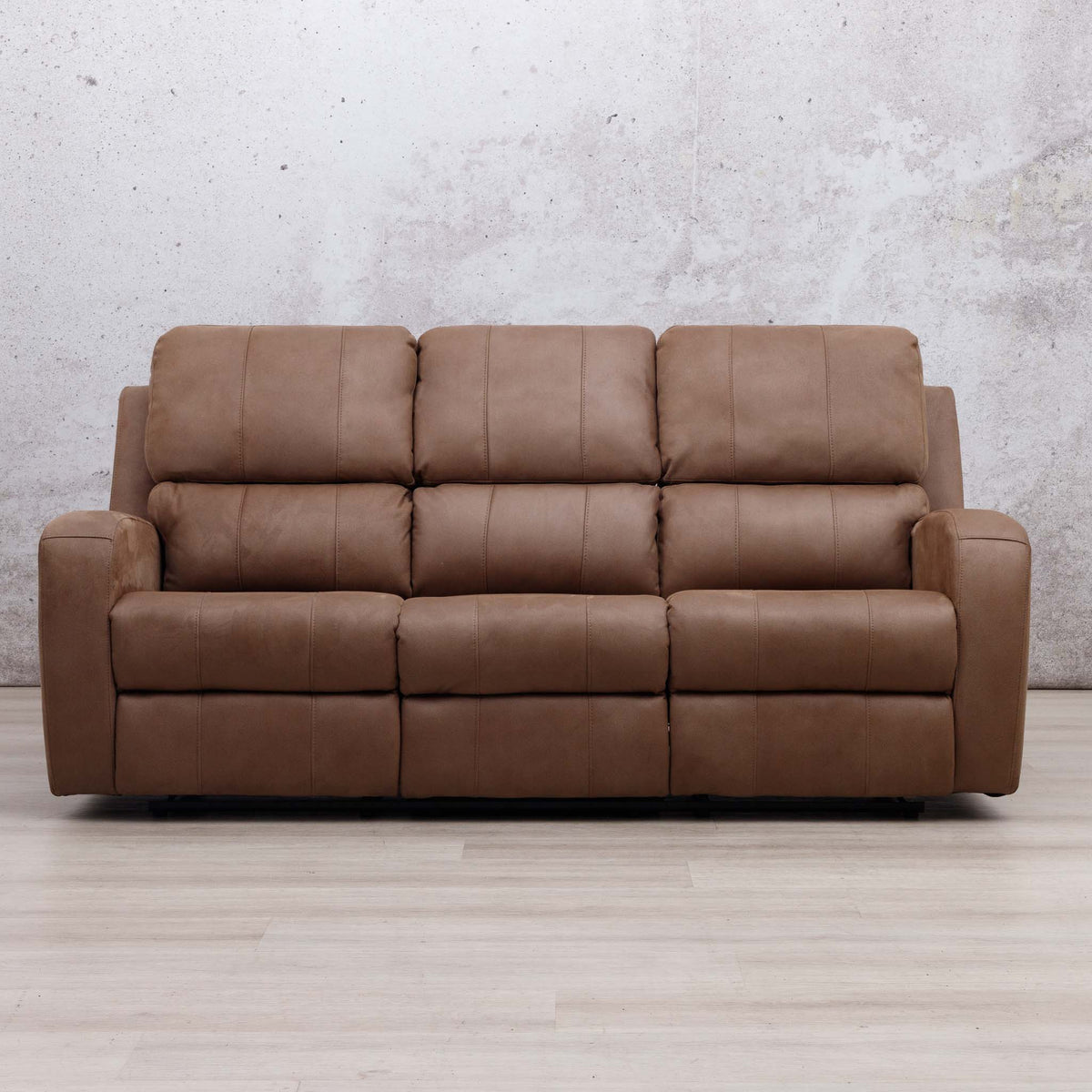 Leather Gallery Orlando 3 Seater Fabric Recliner in Desert Sand, featuring three reclining seats and textured fabric upholstery.