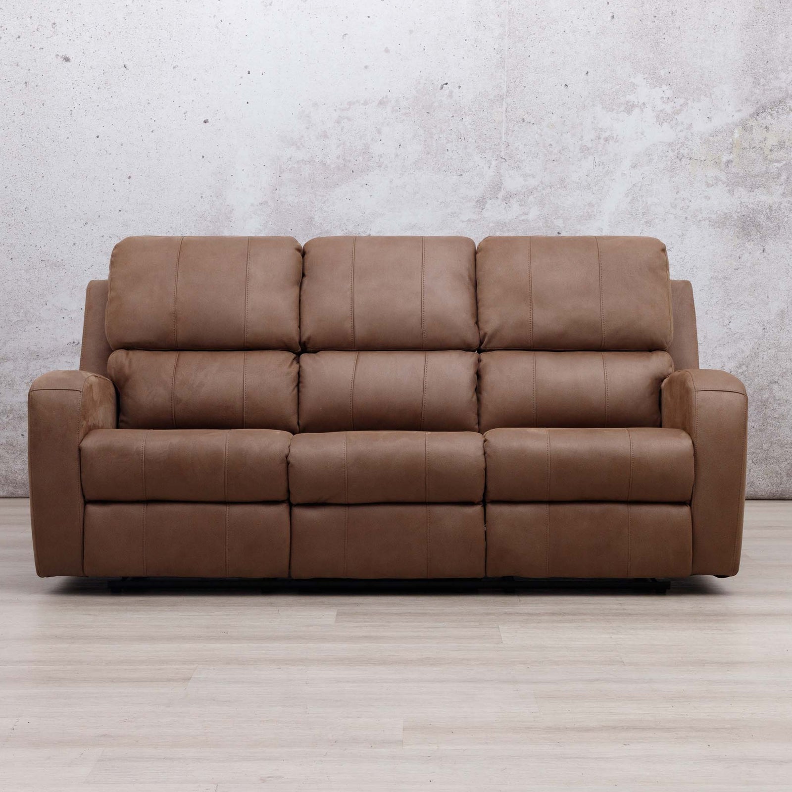 Leather Gallery Orlando 3 Seater Fabric Recliner in Desert Sand, featuring three reclining seats and textured fabric upholstery.