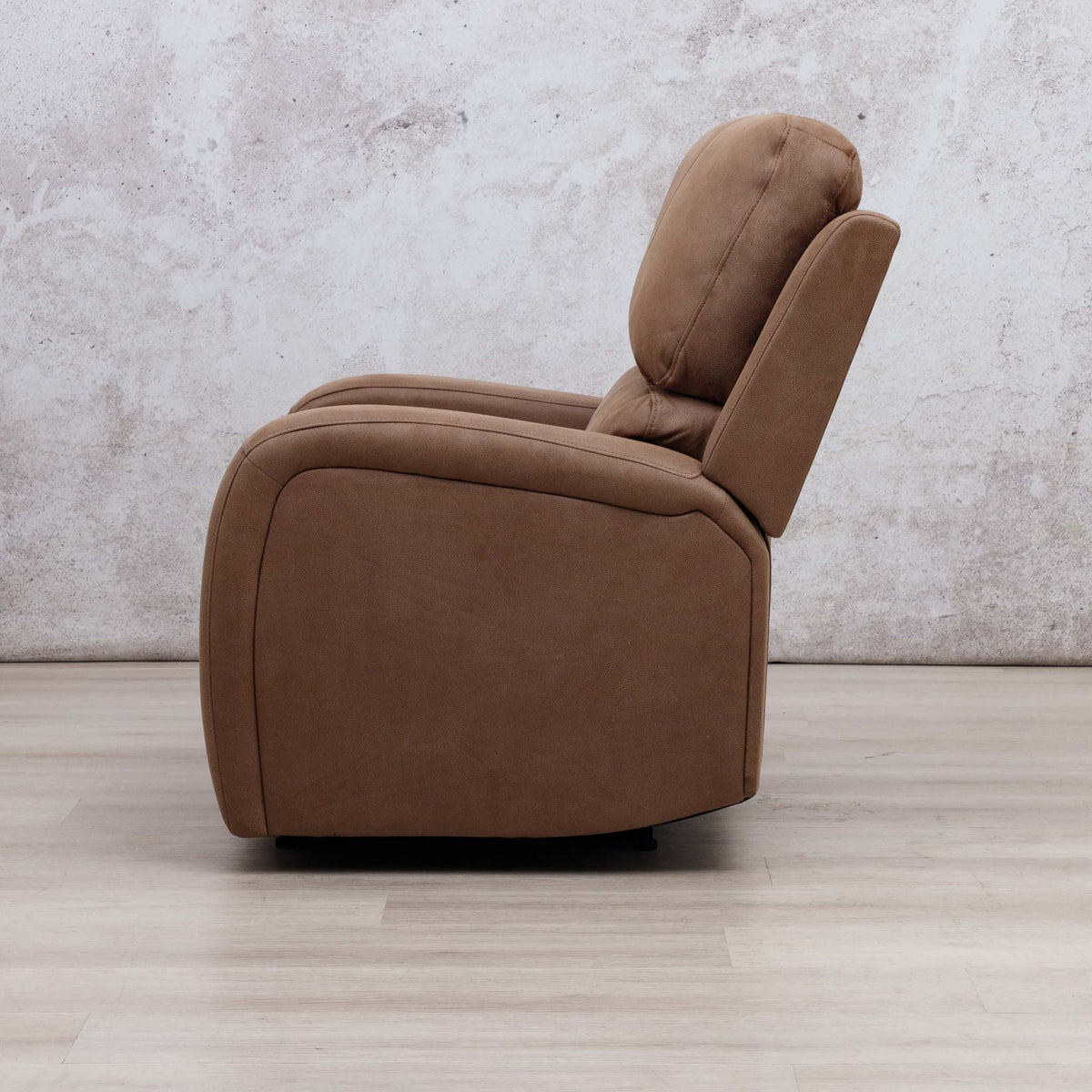 Side view of the Leather Gallery Orlando 1 Seater Fabric Recliner in Desert Sand, showing its upholstered recliner profile.