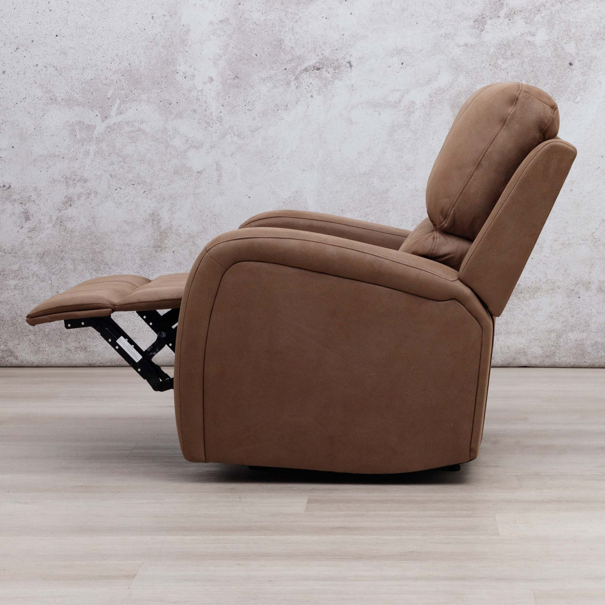 Side view of the Leather Gallery Orlando 1 Seater Fabric Recliner in Desert Sand, shown with the footrest extended.